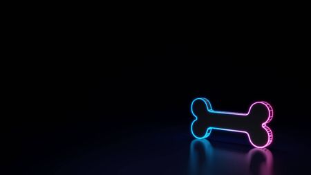 3d techno neon purple blue glowing outline wireframe symbol of single bone isolated on black background with glossy reflection on floorの写真素材