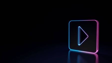 3d techno neon purple blue glowing outline wireframe symbol of caret square right isolated on black background with glossy reflection on floorの写真素材