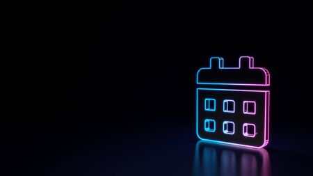 3d techno neon purple blue glowing outline wireframe symbol of calendar with weeks isolated on black background with glossy reflection on floorの写真素材