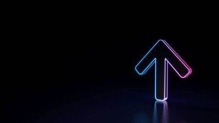 3d techno neon purple blue glowing outline wireframe symbol of simple up open arrow isolated on black background with glossy reflection on floorの写真素材
