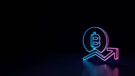 3d techno neon purple blue glowing outline wireframe symbol of bitcoin with growing trend isolated on black background with glossy reflection on floorの写真素材