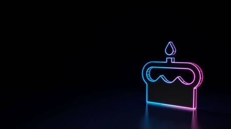 3d techno neon purple blue glowing outline wireframe symbol of birthday cake with candle and topping...