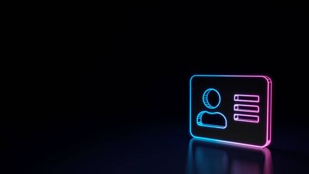 3d techno neon purple blue glowing outline wireframe inverted symbol of address card with person and lines isolated on black background with glossy reflection on floorの写真素材