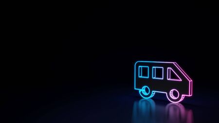3d techno neon purple blue glowing outline wireframe symbol of side view  of a bus isolated on black background with glossy reflection on floorの写真素材