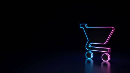 3d techno neon purple blue glowing outline wireframe symbol of cart isolated on black background with glossy reflection on floorの写真素材