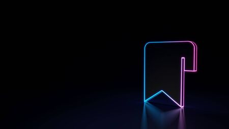 3d techno neon purple blue glowing outline wireframe symbol of bookmark over page isolated on black background with glossy reflection on floorの写真素材