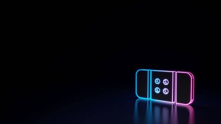 3d techno neon purple blue glowing outline wireframe symbol of band aid with four holes isolated on black background with glossy reflection on floorの写真素材