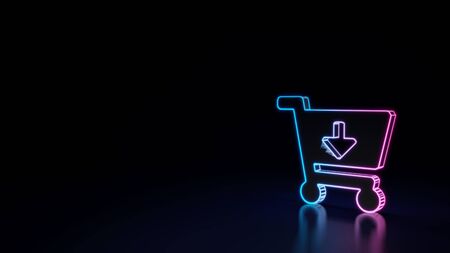 3d techno neon purple blue glowing outline wireframe symbol of cart arrow down isolated on black background with glossy reflection on floorの写真素材