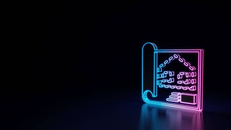 3d techno neon purple blue glowing outline wireframe symbol of blueprint isolated on black...