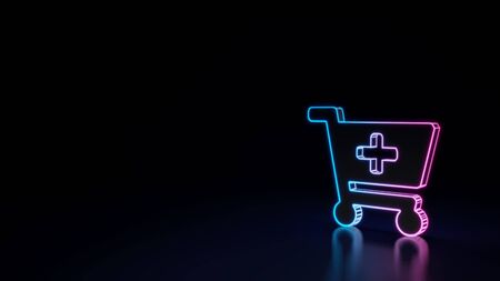 3d techno neon purple blue glowing outline wireframe symbol of cart plus isolated on black background with glossy reflection on floorの写真素材