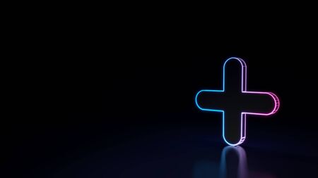 3d techno neon purple blue glowing outline wireframe symbol of plus with rounded corner isolated on black background with glossy reflection on floorの写真素材