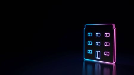 3d techno neon purple blue glowing outline wireframe symbol of highrise building isolated on black background with glossy reflection on floorの写真素材