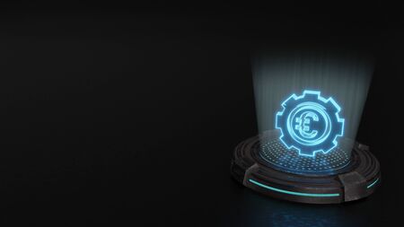 blue stripes digital laser 3d hologram symbol of gear with euro symbol render on old metal sci-fi pad backgroundの写真素材