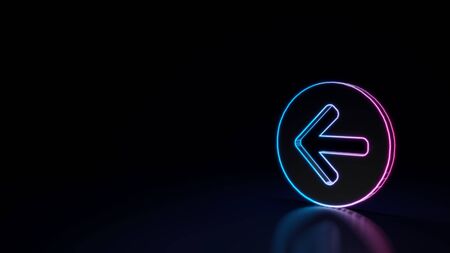 3d techno neon purple blue glowing outline wireframe symbol of open left rounded arrow in circle isolated on black background with glossy reflection on floorの写真素材