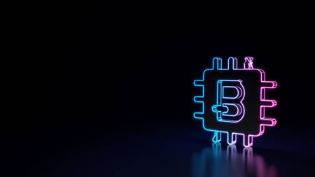 3d techno neon purple blue glowing outline wireframe symbol of bitcoin as computer chip isolated on...