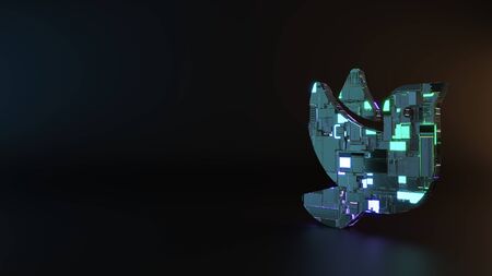science fiction metal neon blue violet glowing symbol of bird from profile render machinery with blurry reflection on floorの写真素材