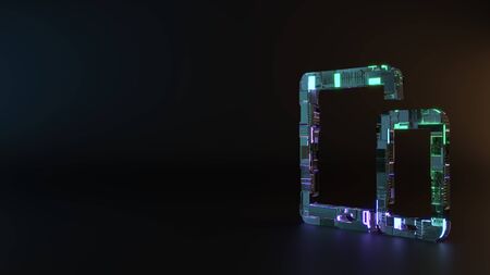 science fiction metal neon blue violet glowing symbol of tablet and cell phone render machinery with blurry reflection on floorの写真素材