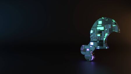science fiction metal neon blue violet glowing symbol of fried chicken leg with bite render machinery with blurry reflection on floorの写真素材