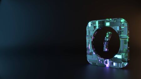 science fiction metal neon blue violet glowing symbol of rectangle alarm clock render machinery with blurry reflection on floorの写真素材