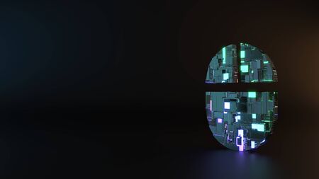 science fiction metal neon blue violet glowing symbol of computer mouse render machinery with blurry reflection on floorの写真素材