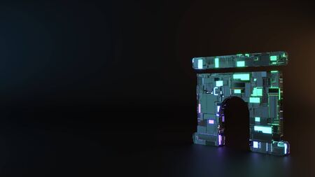 science fiction metal neon blue violet glowing symbol of winning archway render machinery with blurry reflection on floorの写真素材