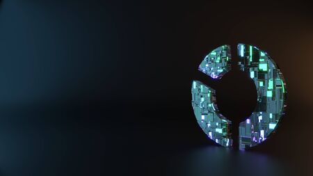 science fiction metal neon blue violet glowing symbol of pie chart with two slices render machinery with blurry reflection on floorの写真素材