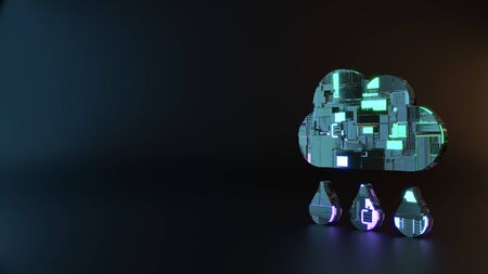 science fiction metal neon blue violet glowing symbol of rain cloud with three drops render...
