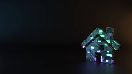 science fiction metal neon blue violet glowing symbol of home with door and chimney render machinery with blurry reflection on floorの写真素材
