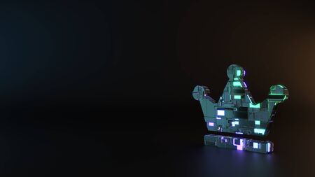 science fiction metal neon blue violet glowing symbol of crown with three tips render machinery with blurry reflection on floorの写真素材