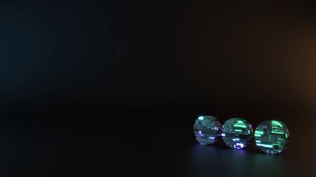 science fiction metal neon blue violet glowing symbol of three dots in horizontal position render machinery with blurry reflection on floorの写真素材
