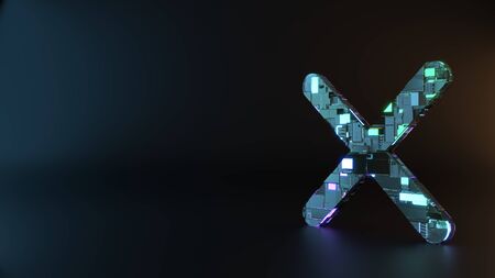 science fiction metal neon blue violet glowing symbol of cancel cross render machinery with blurry reflection on floorの写真素材