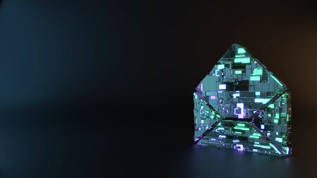 science fiction metal neon blue violet glowing symbol of paper open envelope render machinery with blurry reflection on floorの写真素材