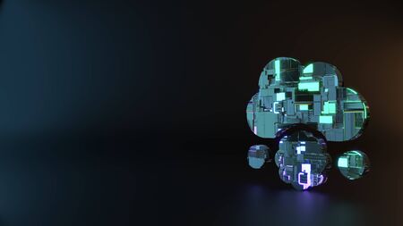 science fiction metal neon blue violet glowing symbol of cloud falling meatball render machinery with blurry reflection on floorの写真素材