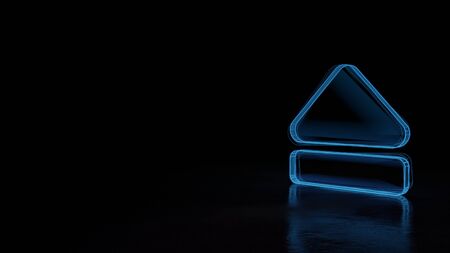 3d techno neon blue glowing wireframe with glitches symbol of eject symbol   isolated on black background with distorted reflection on floorの写真素材
