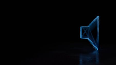 3d techno neon blue glowing wireframe with glitches symbol of speaker on isolated on black background with distorted reflection on floorの写真素材