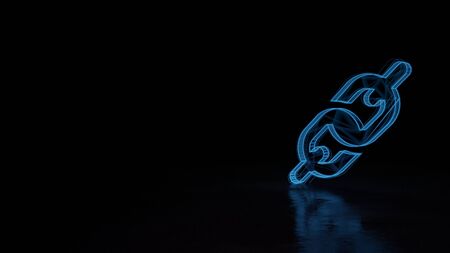 3d techno neon blue glowing wireframe with glitches symbol of thick chain isolated on black background with distorted reflection on floorの写真素材