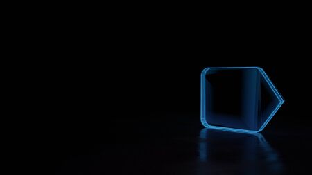 3d techno neon blue glowing wireframe with glitches symbol of right arrow label isolated on black background with distorted reflection on floorの写真素材