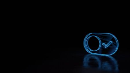 3d techno neon blue glowing wireframe with glitches symbol of switch button with check mark isolated on black background with distorted reflection on floorの写真素材