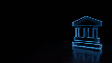 3d techno neon blue glowing wireframe with glitches symbol of ancient Greek temple isolated on black background with distorted reflection on floorの写真素材