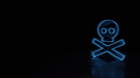 3d techno neon blue glowing wireframe with glitches symbol of skull and crossbones isolated on black background with distorted reflection on floorの写真素材