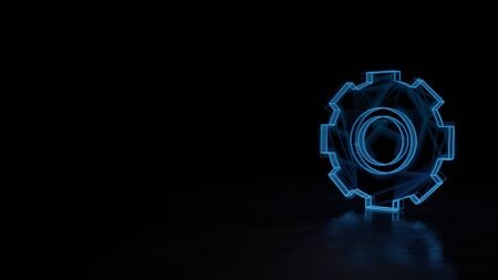 3d techno neon blue glowing wireframe with glitches symbol of cogwheel isolated on black background...