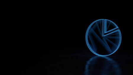 3d techno neon blue glowing wireframe with glitches symbol of pie chart isolated on black background with distorted reflection on floorの写真素材