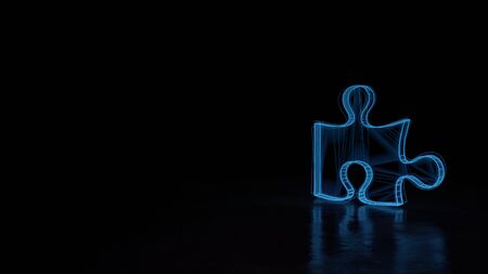 3d techno neon blue glowing wireframe with glitches symbol of puzzle piece isolated on black background with distorted reflection on floorの写真素材