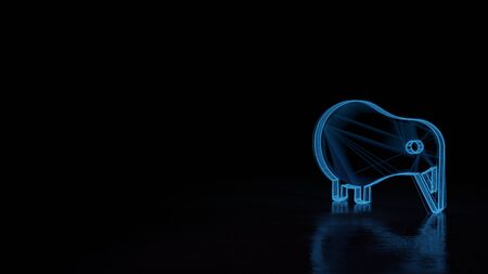 3d techno neon blue glowing wireframe with glitches symbol of kiwi bird isolated on black background with distorted reflection on floorの写真素材