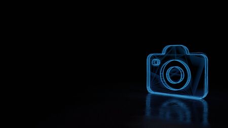 3d techno neon blue glowing wireframe with glitches symbol of photo camera isolated on black background with distorted reflection on floorの写真素材