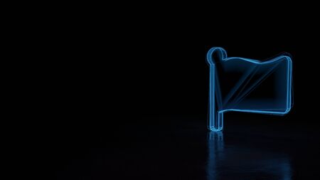 3d techno neon blue glowing wireframe with glitches symbol of billowy flag isolated on black background with distorted reflection on floorの写真素材
