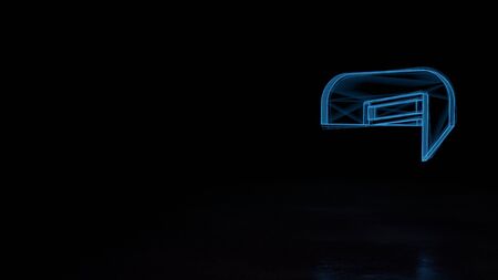 3d techno neon blue glowing wireframe with glitches symbol of music note in rounded square isolated on black background with distorted reflection on floorの写真素材