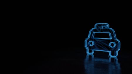 3d techno neon blue glowing wireframe with glitches symbol of taxi from front view isolated on black background with distorted reflection on floorの写真素材