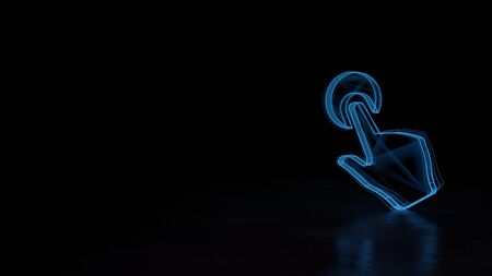 3d techno neon blue glowing wireframe with glitches symbol of hand with touch gesture isolated on black background with distorted reflection on floorの写真素材