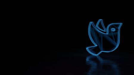 3d techno neon blue glowing wireframe with glitches symbol of bird from profile isolated on black background with distorted reflection on floorの写真素材